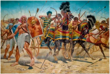 Egipski antyk: przedstawienie faraona Ramzesa II (1304-1213 p.n.e.) z jego armią prowadzącą czołgi podczas bitwy pod Kadesz w 1274 r. p.n.e. - Faraon Ramzes II (1303 p.n.e. ð 1213 p.n.e.) i jego armia podczas bitwy pod Kadesz w 1274 r. p.n.e. w starożytnym