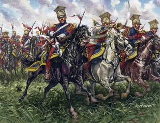 Pierwsze cesarstwo: czerwoni lansjerzy lub pułk legionistów konnych gwardii cesarskiej podczas bitwy pod Waterloo 18.06.1815 r. - Pierwsze cesarstwo: 2. pułk lekkich lansjerów gwardii cesarskiej (czerwoni lansjerzy lub czerwoni lansjerzy) podczas bitwy pod