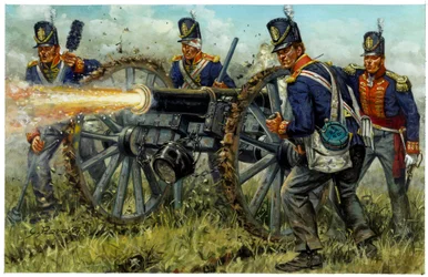 Pierwsze Imperium: Królewska Artyleria Piesza podczas bitwy pod Waterloo 18 czerwca 1815 r. - ilustracja autorstwa Giuseppe Ravy