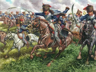 Pierwsze imperium: szarża 15. pułku angielskich dragonów w bitwie pod Waterloo 18 czerwca 1815 roku - Pierwsze imperium: szarża 15. pułku brytyjskich dragonów w Waterloo 18 czerwca 1815 roku - Ilustracja autorstwa Giuseppe Ravy