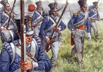 Pierwsze cesarstwo: piechota belgijska lub holenderska około 1815 roku - Pierwsze cesarstwo: piechota belgijska lub holenderska - Ilustracja autorstwa Giuseppe Rava