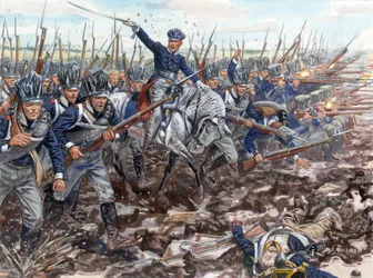 Pierwsze cesarstwo: szarża pruskiej piechoty w 1813 roku - Pierwsze cesarstwo: szarża pruskiej piechoty w 1813 roku - Ilustracja autorstwa Giuseppe Ravy