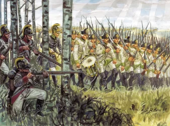 Pierwsze cesarstwo: żołnierze austriackiej piechoty w natarciu około 1798 - 1805 - Pierwsze cesarstwo: żołnierze austriackiej piechoty maszerujący