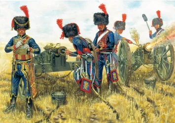 Pierwsze cesarstwo: żołnierze artylerii Gwardii Cesarskiej Napoleona I w bitwie pod Waterloo 18/06/1815 - Pierwsze cesarstwo: żołnierze artylerii konnej Gwardii Cesarskiej Napoleona I w Waterloo 18 czerwca 1815 - Ilustracja Giuseppe Rava