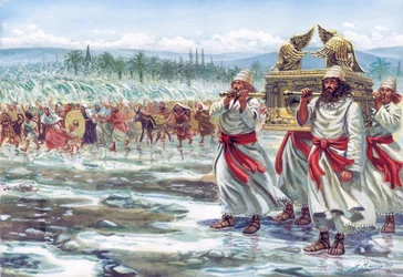 Jozue, niosąc Arkę Przymierza, przekracza rzekę Jordan wraz z narodem żydowskim - Ilustracja Giuseppego Ravy