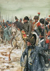 Niech żyje cesarz! Cesarz Napoleon I (1769-1821) na koniu otacza swoją armię podczas kampanii francuskiej w styczniu 1814 roku" - Wojna Szóstej Koalicji, bitwy we Francji, cesarz Napoleon I otoczony przez swoją armię podczas kampanii francuskiej - Ilustrac