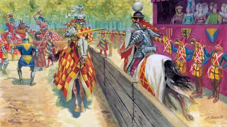 Średniowiecze: Chevaleresque tournament scene - turniej (tourney), rywalizacja rycerska - przyp. tłum.