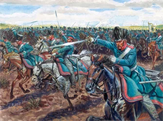 Wojny napoleońskie: szarżujący dragoni pruscy Ilustracja Giuseppe Rava