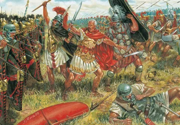 Starożytny Rzym: Juliusz Cezar (100-44 p.n.e.) wygrywa bitwę pod Mundą 17 marca 45 p.n.e. w południowej Hiszpanii przeciw zwolennikom republiki - Ilustracja