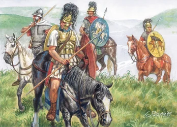 Roman antiquite (Republika): grupa rzymskich jeźdźców - Republika rzymska: rzymska kawaleria - Ilustracja autorstwa Giuseppe Rava