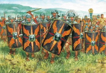 Roman antiquite (imperium): grupa rzymskich legionistów - Imperium rzymskie: legioniści - Ilustracja autorstwa Giuseppe Rava