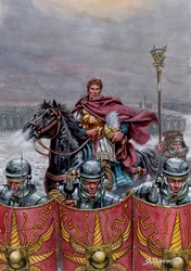 Rzymski antyk: Armia rzymska w pobliżu muru Hadriana w Szkocji, II wiek n.e. - Ilustracja Giuseppe Rava