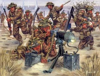 II wojna światowa: Lądowanie w Normandii w czerwcu 1944 roku, angielscy żołnierze - II wojna światowa: Lądowanie w Normandii, wojska brytyjskie, 6 czerwca 1944 - Ilustracja Giuseppe Rava