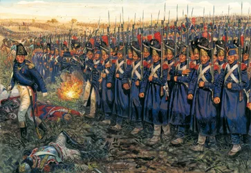 Atak Gwardii Średniej na centrum Wellingtona w bitwie pod Waterloo 18 czerwca 1815 r. "Gwardia Cesarska Napoleona I (1769-1821) maszerująca na oddziały księcia Wellingtona w bitwie pod Waterloo".