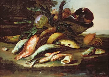 Martwa natura z martwą rybą i dziczyzną (olej na płótnie)