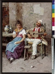 Obraz ze sceną w tawernie autorstwa Giuseppe Sartori (1863-1922) Obowiązkowa wzmianka: Kolekcja fundacji z pozdrowieniami z Prowansji, Marsylii
