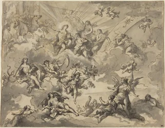 Apollo i Muzy (pióro i czarny tusz z szarym tuszem na graficie na kładzionym papierze)