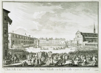 Święto Corsa dei Cocchi na placu Santa Maria Novella. Święto Corsa dei Cocchi na placu kościoła Santa Maria Novella we Florencji. Rysunek autorstwa Giuseppe Zocchi (1711-1767). Florencja, Biblioteca Riccardiana.
