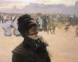 Wracając z Lasku Bulońskiego, Dama z psem, Giuseppe de Nittis, fragment