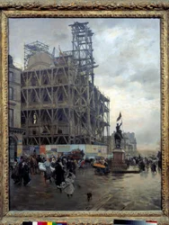 Widok na Place des Pyramides w Paryżu w 1875 r. Paryżanie przechodzą przez plac w pobliżu placu budowy. Obraz Giuseppe de Nittis (1846-1894) 1875 Nd. 0,92x0,74m. Paryż, Muzeum Orsay