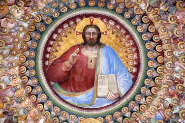 Baptysterium w Padwie. Freski sufitowe z XIV wieku autorstwa Giusto de Menabuoi. Raj. Błogosławiący Chrystus z aniołami, patriarchami, prorokami i świętymi. Szczegół. Padwa. Włochy. (foto)
