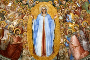 Baptysterium w Padwie. Freski sufitowe z XIV wieku autorstwa Giusto de Menabuoi. Raj. Dziewica Maryja z patriarchami, prorokami i świętymi. Szczegół. Padwa. Włochy. (foto)