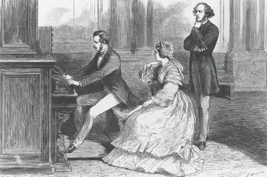 Książę Albert z Saksonii grający przed królową Wiktorią i Feliksem Mendelssohnem Bartholdym (1809-1847), rycina