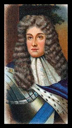 JAMES II (1633-1701) król Wielkiej Brytanii i Irlandii w latach 1685-88; uciekł do Francji po tym, jak Wilhelm Orański (Wilhelm III) wylądował w Torbay. Chromolitografia według portretu Godfreya Knellera