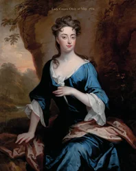Portret Elizabeth Skipwith, Lady Craven, trzy czwarte długości, w niebieskiej sukience i czerwonym szalu, zalesiony pejzaż nad rzeką, 1704