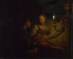Scena przy świecach. Mężczyzna ofiarowujący dziewczynie siedzącej na łóżku złoty łańcuch i monety, ok. godz. 1665-1667