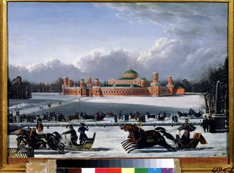Wyścig sań w Parku Pietrowskim w Moskwie (Rosja) (Wyścig sań w Parku Pietrowskim w Moskwie). Obraz A.A. Golicyna (poł. XIX w.), olej na płótnie