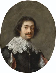 Portret mężczyzny, do wysokości biustu, w dublecie z rozciętymi rękawami i koronkowym pasem.