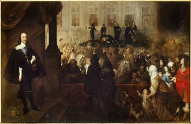 Egzekucja Karola I na Whitehall Square (White Hall w Londynie). Karol I Stuart (1600-1649), król Anglii, Szkocji i Irlandii od 1625 do 1649, ścięty podczas pierwszej rewolucji angielskiej. Szkoła flamandzka.