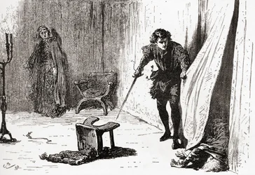 Scena z Williama Szekspira grającego Hamleta, Akt III, Scena 4, Hamlet: Nieszczęsny, pochopny, natrętny głupcze, żegnaj! Wziąłem cię na lepsze, z Dzieł Williama Szekspira, opublikowanych 189