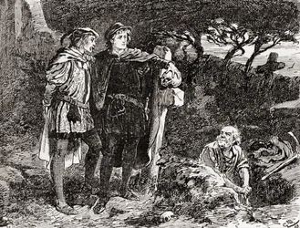 Scena z Williama Szekspira gra Hamleta, akt V, scena 1, Hamlet: Znam go, Horatio, człowiek nieskończonego żartu, najdoskonalszej wyobraźni, z Dzieł Williama Szekspira, wydanych w 1896 r. (e