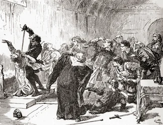 Scena z Williama Szekspira grającego Hamleta, Akt V, Scena 2, Hamleta: Punkt też zatruty! Niż jad na twoją pracę. (Pełnia króla), z The Works of William Shakespeare, opublikowanej w 1896 r