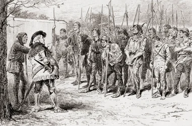 Scena ze sztuki Williama Szekspira Król Henryk IV, część 1, akt IV, scena 2, obdarty pułk Falstaffa, z Dzieł Williama Szekspira, opublikowana w 1896 r.