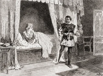 Scena z dramatu Williama Shakespearesa Otello, Akt V, Scena 2, Desdemona: Mówisz o zabijaniu? Otello: Ay I do, z The Works of William Shakespeare, wyd. 1896