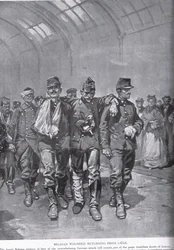 Belgijscy ranni powracający z Liège, z „Opowieści Hutchisona o narodzie brytyjskim”, około 1920