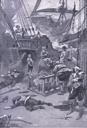 Bitwa pod Camperdown 29-31 lipca 1653, ilustracja z brytyjskich bitew na lądzie i morzu, 1915