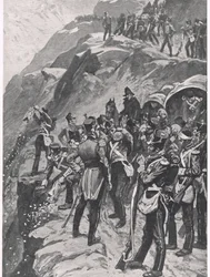 The Retreat to Corunna: Hurling the Silver down the Mountainside, ilustracja z „British Battles on Land and Sea”, wydanej przez Cassell, Londyn, ok. 1910