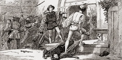 Tybalt zabity przez Romea, scena z Romea i Julii Williama Szekspira, Akt III, Scena 1, z Dzieł Williama Szekspira, opublikowana 1896