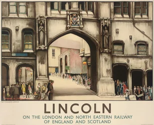 Plakat reklamujący pociąg London and North Eastern Railway podróżujący do Lincoln