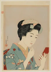 Kobieta nakładająca szminkę do ust, era Taisho, luty 1920 (kolorowy drzeworyt)