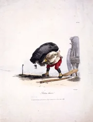 Widok węglarza wyciągającego z wozu ciężki worek węgla, 1828