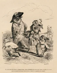 Dwa małe zające ze swoją starszą siostrą zatrzymały się przy sowie na polu. Za nimi stoi polujący lis. Miniatury ilustrowane przez JJ Granville. Grawer sygnowany Breviere w części "Historia zająca" autorstwa PJ Stahl in