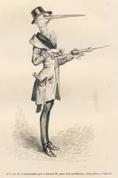 Bocian jako lekarz prowadzący lewatywę. Miniatury ilustrowane przez JJ Granville. Grawerowanie sygnowane Andrzejem, Bestem i Leloirem w części zatytułowanej „Dworskie bóle kota angielskiego” napisanej przez Honore de Balzac w „Sceny z życia prywatnego i pu