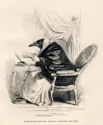 Pismo kruka. Winiety ilustrowane przez JJ Granville. Grawer podpisali Andrzej, Best i Leloir w dziale „Wspomnienia starej wrony” autorstwa PJ Stahla w „Sceny z życia prywatnego i publicznego zwierząt”. Paryż, J. Hetzel i Paulin