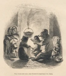 Dwóch gości przychodzi, by rozdrażnić niedźwiedzią rodzinę siedzącą przed kominkiem, w którym na wieszaku wisi garnek. Miniatury ilustrowane przez JJ Granville. Grawer sygnowany Breviere w części zatytułowanej „L