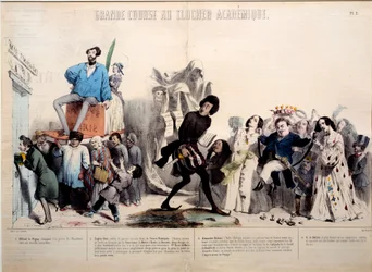 Wielki wyścig do dzwonnicy akademickiej. Pisarze Alfred de Vigny (1797-1863), Eugene Sue (1804-1857), Alexandre Dumas (1802-1870) i Honore de Balzac (1799-1850) są rozpoznawani. Grafika Gerarda Grandville